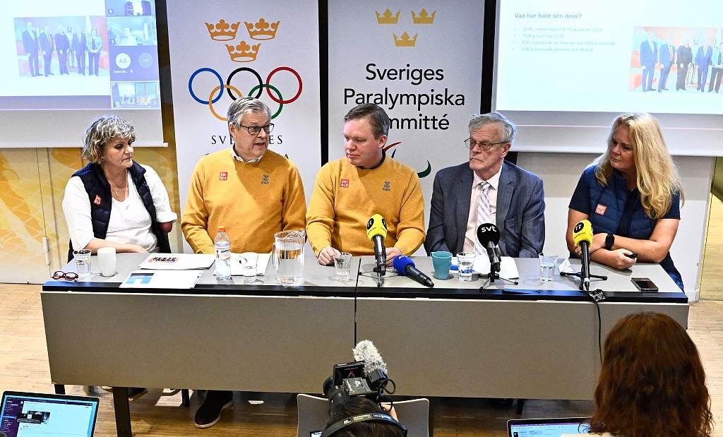 Members of the Swedish Olympic Committee and the Swedish Paralympic Commottee attend a press cofnerence on the announcement regarding a possible bid by Sweden for the 2030 Winter Olympic Games in Stockholm, Sweden, February 8, 2023. /CFP