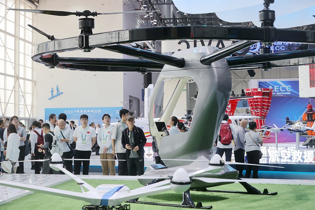 The electric vertical take-off and landing aircraft on display at the 2023 AERO Asia show in Zhuhai City, south China's Guangdong Province, November 2023. /CFP