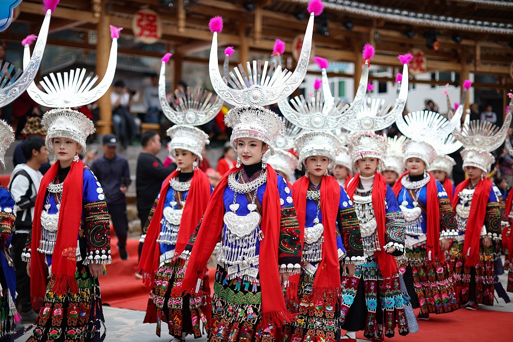 Miao people take part in celebrations for the Guzang Festival in Leishan County, southwest China's Guizhou Province on November 22, 2023. /CFP