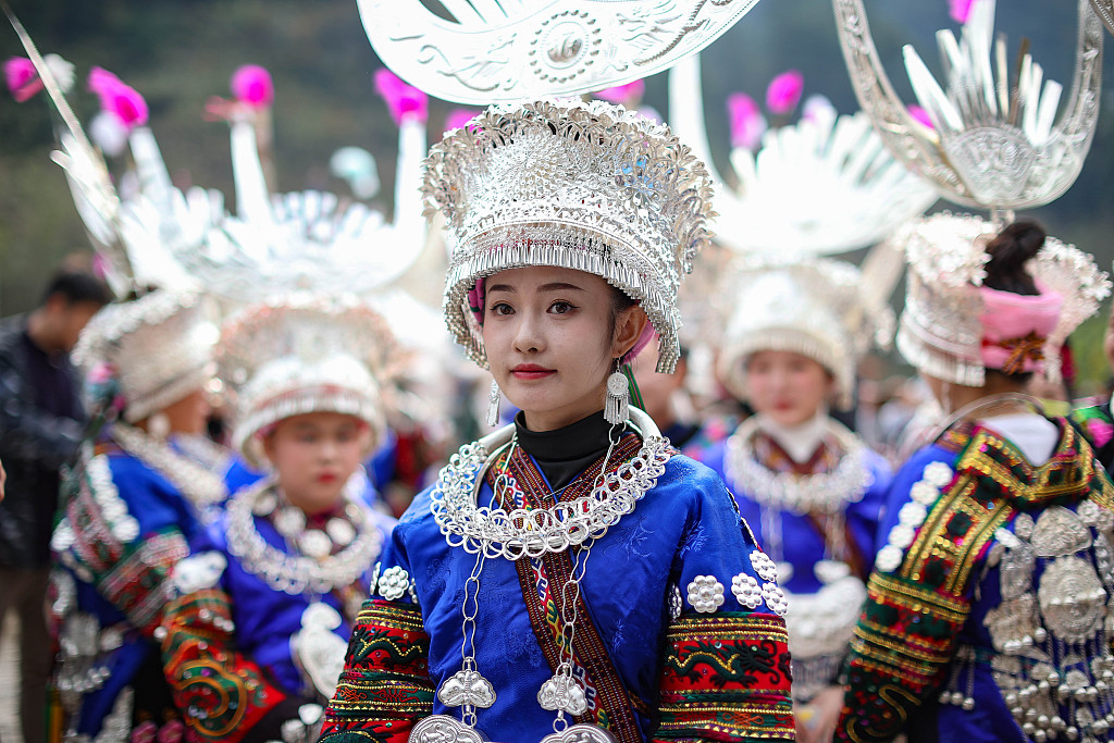 Villagers wearing traditional ethnic costumes take part in celebrations for the Guzang Festival in Leishan County, southwest China's Guizhou Province on November 22, 2023. /CFP