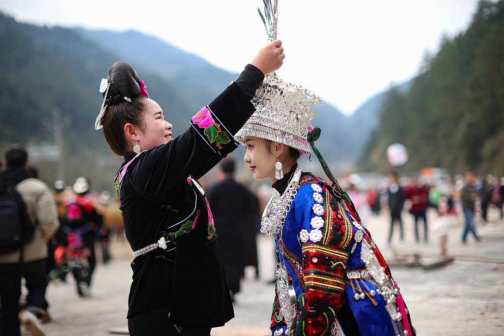 Miao people take part in celebrations for the Guzang Festival in Leishan County, southwest China's Guizhou Province on November 22, 2023. /CFP