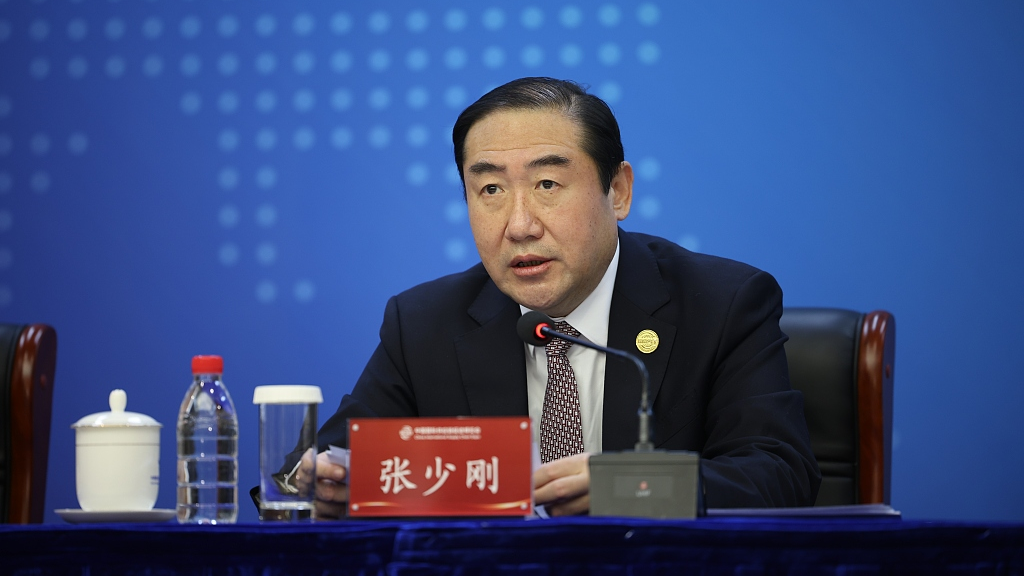 Zhang Shaogang, vice chairman of China Council for the Promotion of International Trade (CCPIT), announced details in relation to preparations for the inaugural China International Supply Chain Promotion Expo at a media conference on November 21, 2023, in Beijing, China. /CFP