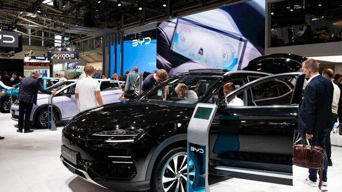 People visit the booth of Chinese carmaker BYD during the 2023 International Motor Show, Munich, Germany, September 5, 2023. /Xinhua