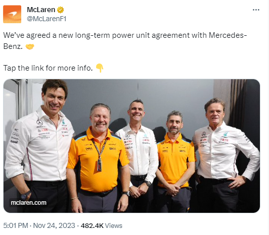 McLaren's tweet on November 24 about their power unit partnership with Mercedes. /@McLarenF1