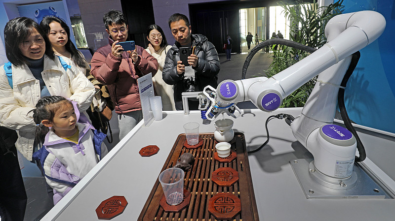 Visitors watch a robotic arm perform a tea ceremony at the second Global Digital Trade Expo in Hangzhou, November 26, 2023. /CFP