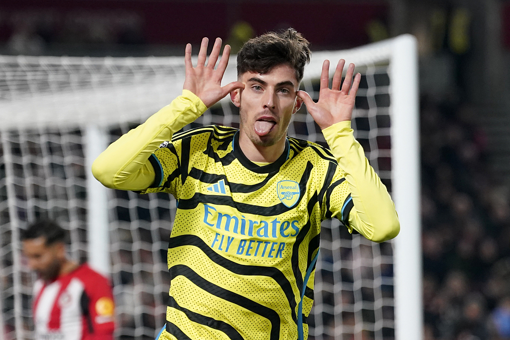 Kai Havertz of Arsenal celebrates after scoring a goal in the Premier League game against Brentford at Gtech Community Stadium in London, England, November 25, 2023. /CFP