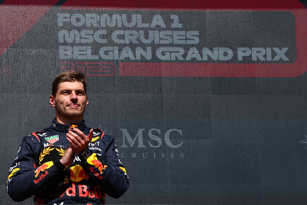 Max Verstappen of Red Bull Racing celebrates on the podium after winning the F1 Grand Prix of Belgium at Spa-Francorchamps Circuit in Liege, Belgium, July 30, 2023. /CFP 