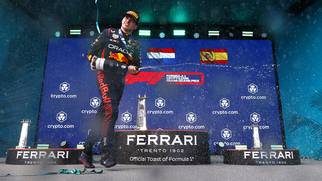 Max Verstappen of the Red Bull Racing celebrates on the podium after winning the F1 Grand Prix of Miami at Miami International Autodrome in Miami, U.S., May 7, 2023. /CFP