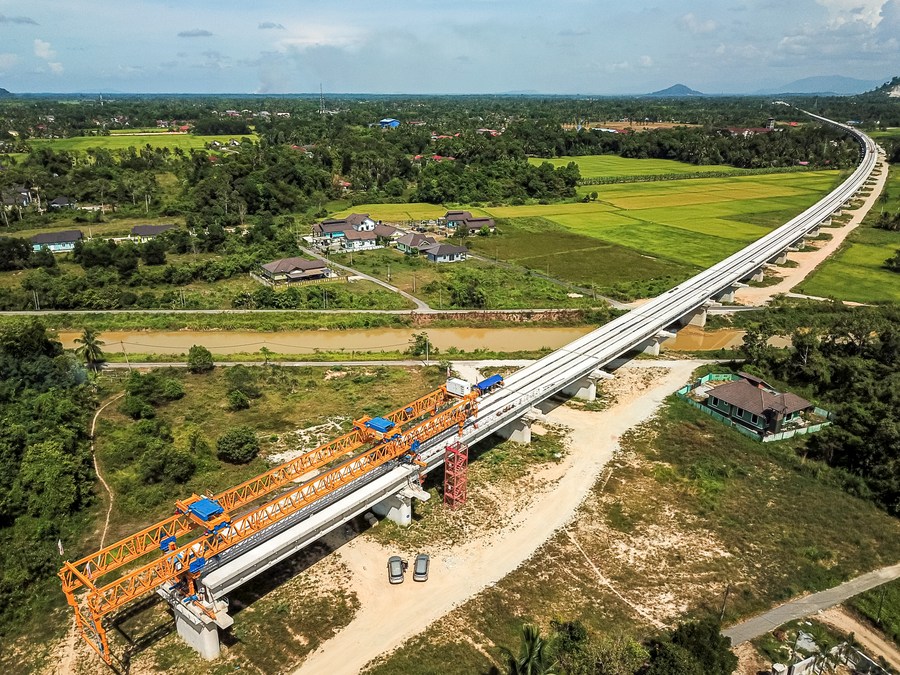 An aerial photo shows a construction site of the East Coast Rail Link, a major infrastructure project under the Belt and Road Initiative in Kelantan, Malaysia, April 26, 2023. /Xinhua