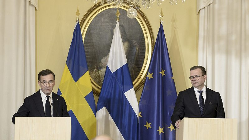 Swedish Prime Minister Ulf Kristersson (L), and Finnish Prime Minister Petteri Orpo during a joint press conference in Helsinki, Finland, November 27, 2023. /CFP