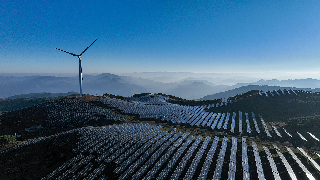 A wind and solar energy project bathes in the morning sunlight in a town in Guizhou Province, captured on November 19, 2023. /CFP