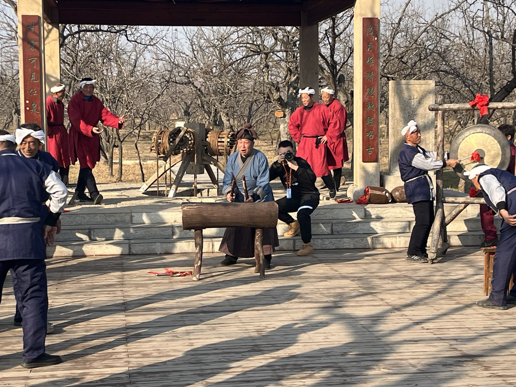 A photo taken on November 14, 2023, shows locals taking part in a cultural performance at the Gantang Well in the National Jujube Theme Park in Jishan County of Yuncheng, Shanxi Province. /CGTN