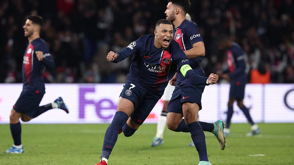 Kylian Mbappe #7 celebrates after scoring a penalty during the UEFA Champions League match between PSG and Newcastle in Paris, France, November 28, 2023. /CFP