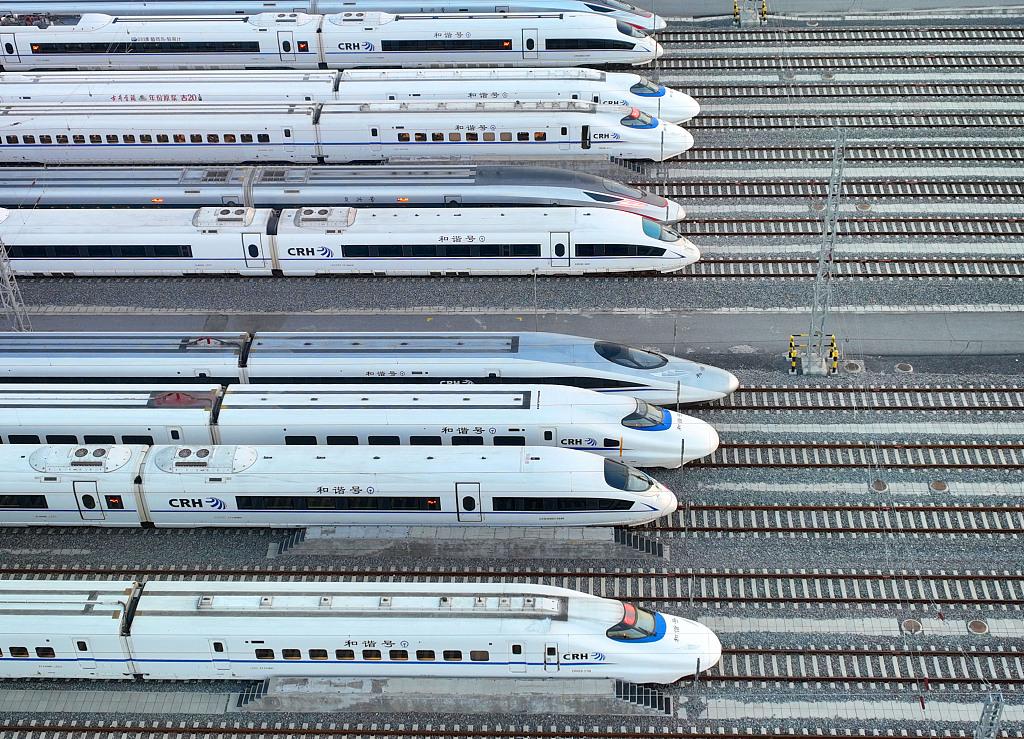 A row of Electric Multiple Unit (EMU) trains is seen in Nantong, east China's Jiangsu Province, April 30, 2023. /CFP