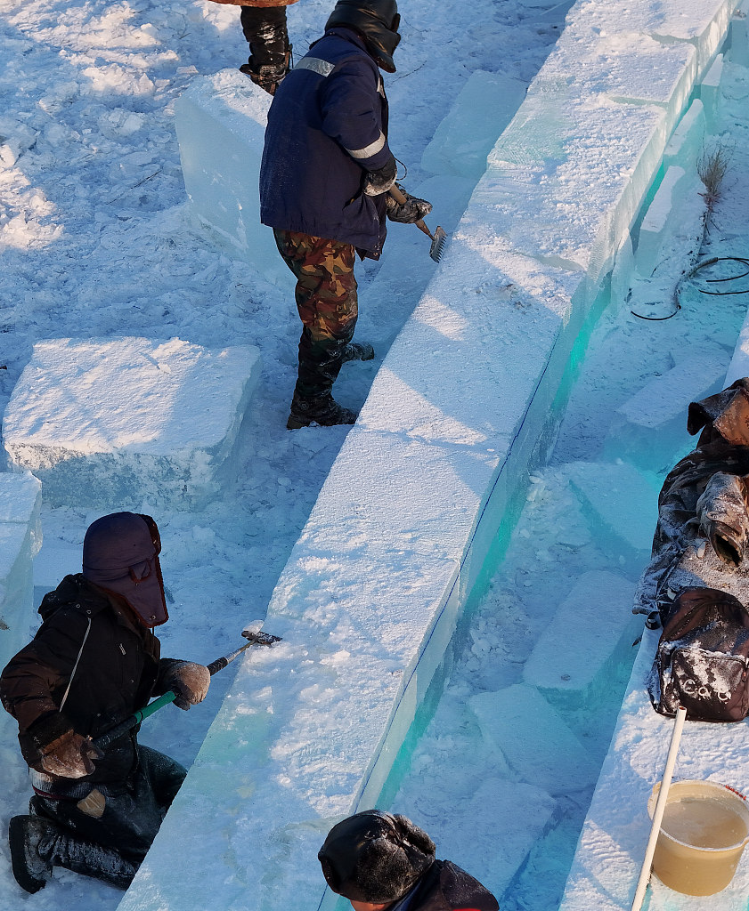 Photo taken on November 26, 2023 shows workers aligning ice blocks at Harbin Ice and Snow World in Heilongjiang Province. /CFP