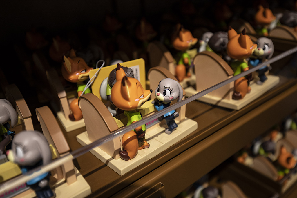 A photo taken on November 29, 2023 shows merchandise on display at the Zootopia gift shop in the Zootopia theme park at Shanghai Disney Resort, China. /CFP