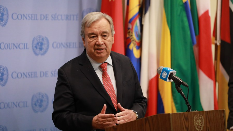 UN Secretary-General Antonio Guterres speaks to the press outside the Security Council Chamber at the UN headquarters in New York, November 27, 2023. /Xinhua
