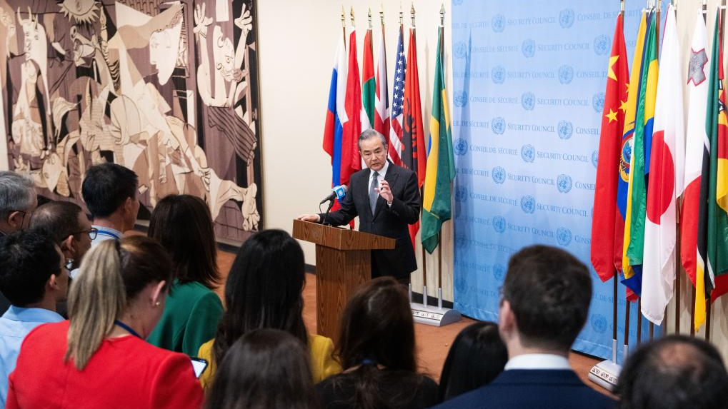 Chinese Foreign Minister Wang Yi meets the press after presiding over a high-level meeting of the UN Security Council on the Palestinian-Israeli issue at the UN headquarters in New York, November 29, 2023. /Xinhua