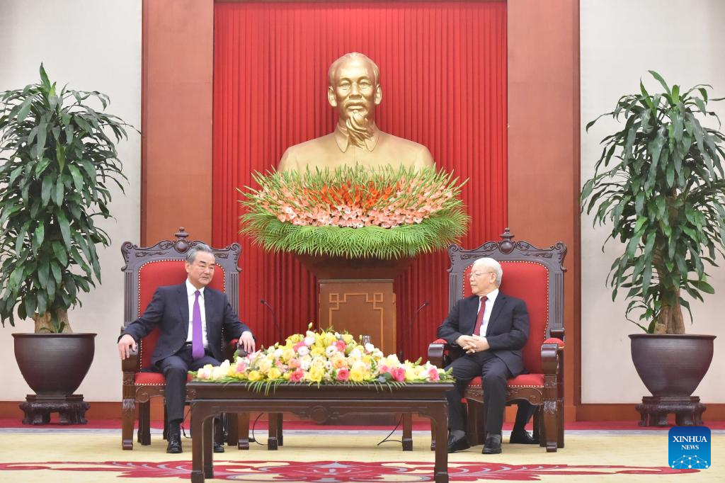 General Secretary of the CPV Central Committee Nguyen Phu Trong (R) meets with Chinese Foreign Minister Wang Yi, also a member of the Political Bureau of the CPC Central Committee, in Hanoi, Vietnam, December 1, 2023. /Xinhua