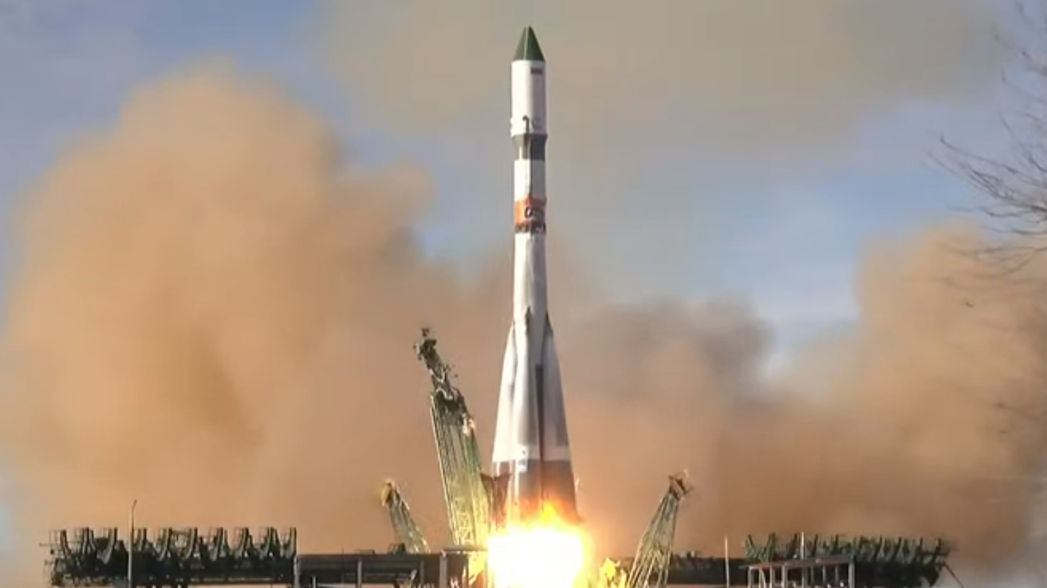 A screenshot from NASA TV of the Progress MS-25 cargo craft launches to the space station from the Baikonur Cosmodrome, Kazakhstan, December 1, 2023. 