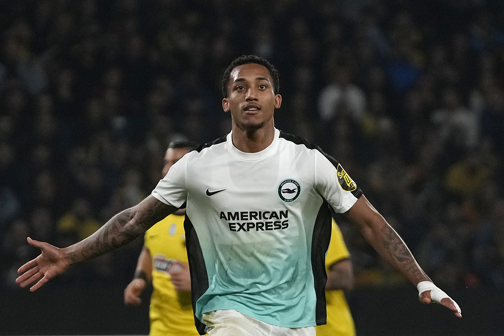 Brighton's Joao Pedro reacts after scoring his side's opening goal at the OPAP Arena, in Athens, Greece, November 30, 2023. /CFP