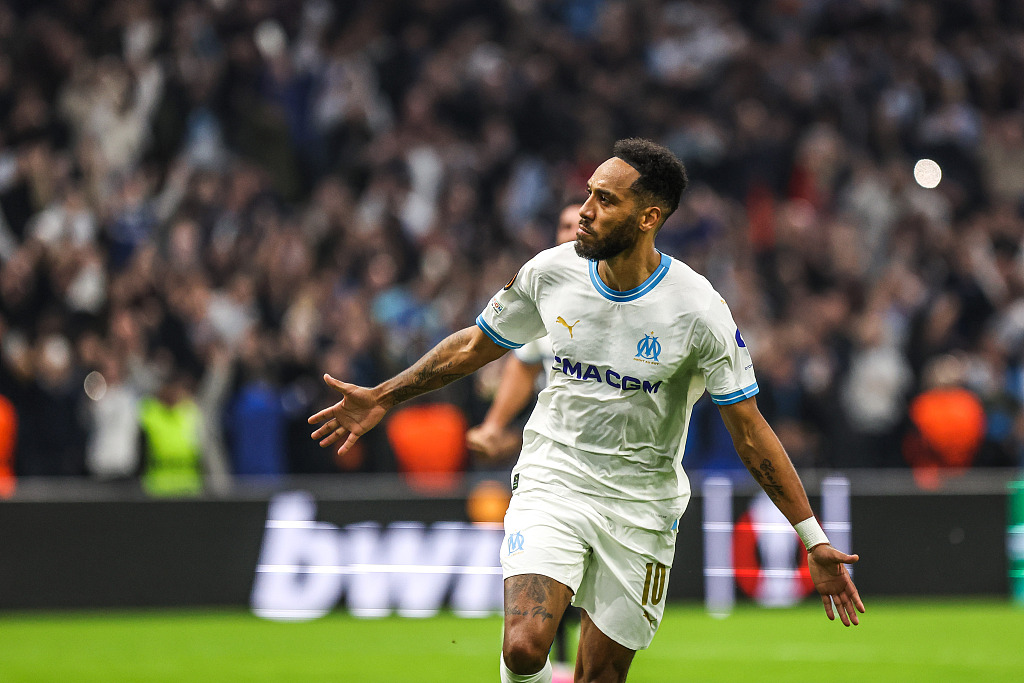 Pierre-Emerick Aubameyang of Marseille celebrates his third goal at Orange Velodrome in Marseille, France, November 30, 2023. /CFP