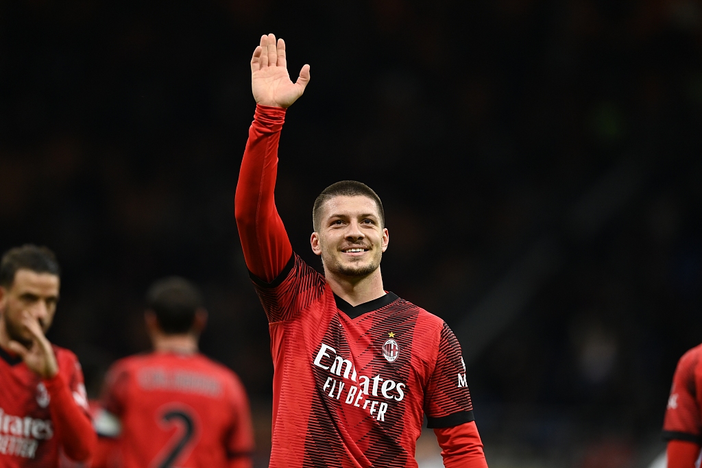 Luka Jovic of AC Milan celebrates after scoring a goal during the Serie A match against Frosinone Calcio at Stadio Giuseppe Meazza in Milan, Italy, December 2, 2023. /CFP 