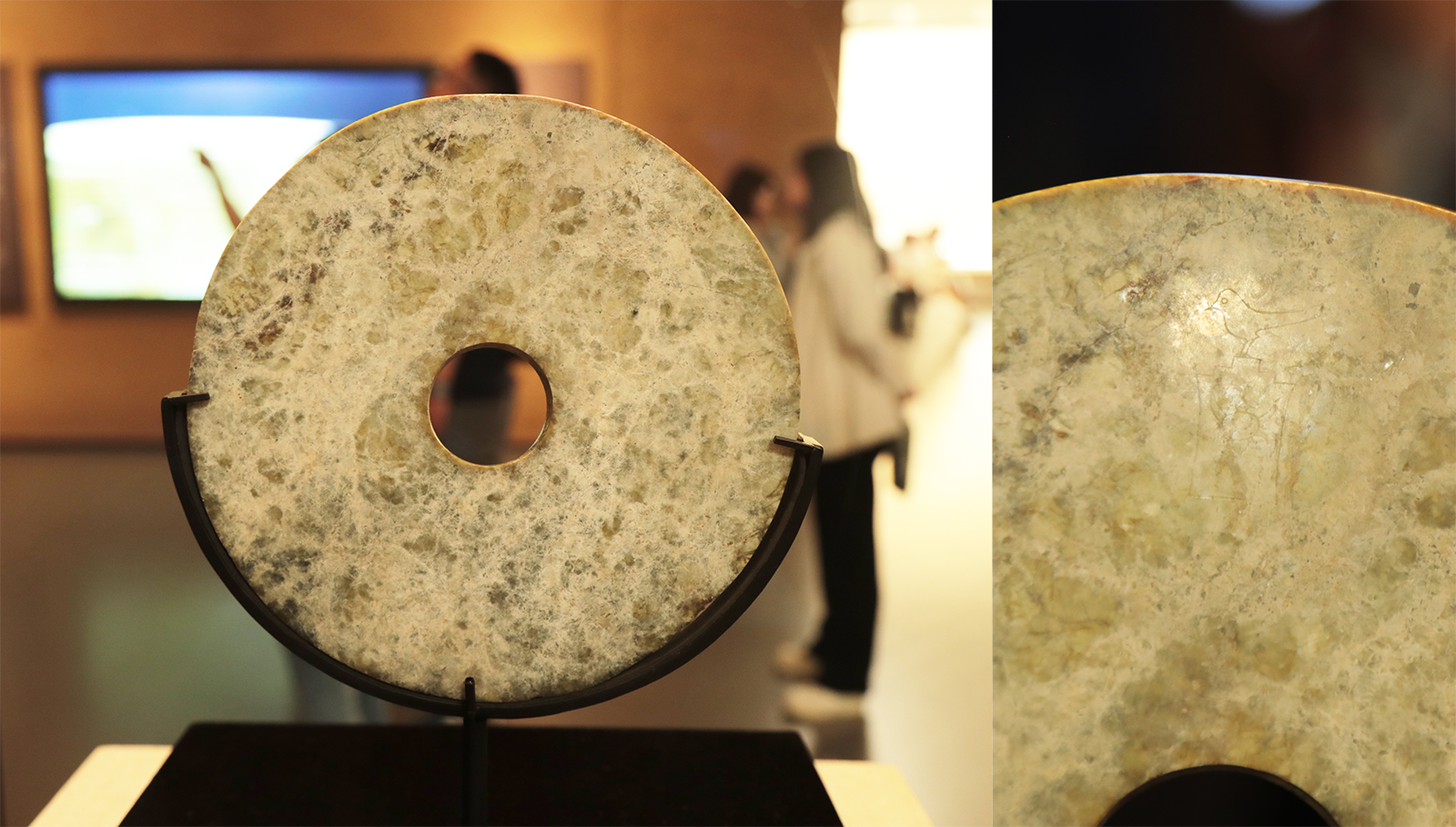 A jade disk bi with the pattern of a bird is on display at Liangzhu Museum in Hangzhou, Zhejiang Province. /CGTN