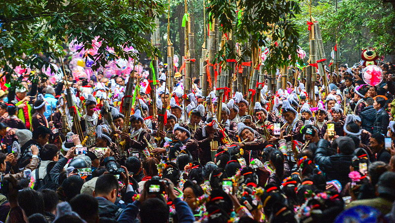 People from the Miao ethnic group dress in traditional costume to celebrate the Lusheng Festival in Congjiang County, Guizhou Province, December 2, 2023. /CFP