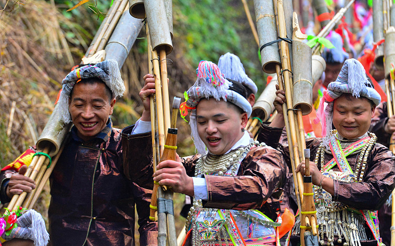 People from the Miao ethnic group dress in traditional costume to celebrate the Lusheng Festival in Congjiang County, Guizhou Province, December 2, 2023. /CFP