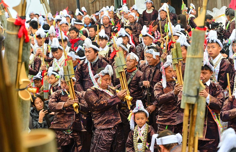 People from the Miao ethnic group dress in traditional costume to celebrate the Lusheng Festival in Congjiang County, Guizhou Province, December 2, 2023. /CFP