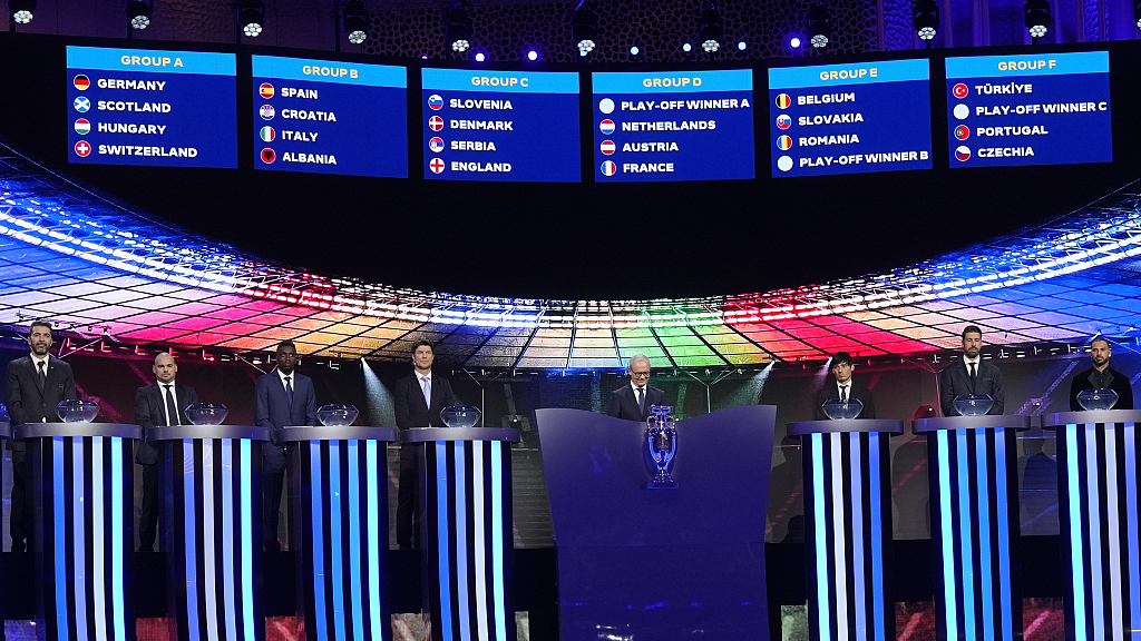 A scoreboard shows the final draw, except the play-off winners, during the draw for the UEFA Euro 2024 soccer tournament finals in Hamburg, Germany, December 2, 2023. /CFP