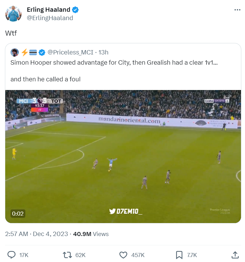 Erling Haaland's tweet on December 4 about reposting a clip of the match. /@ErlingHaaland