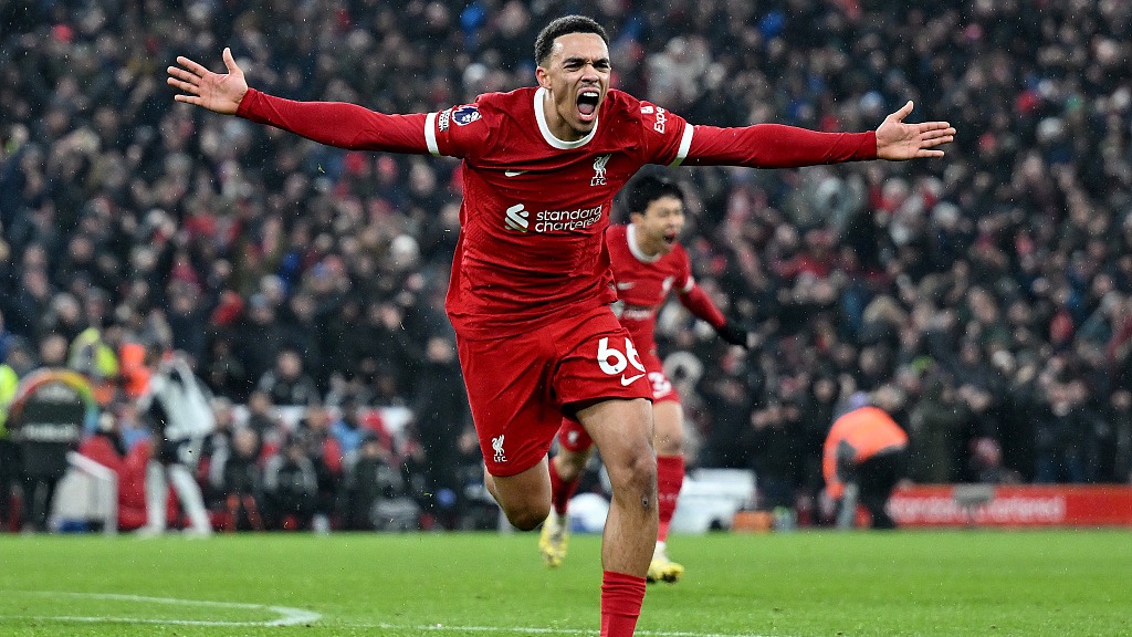 Trent Alexander-Arnold of Liverpool celebrates scoring Liverpool's winning goal during their clash with Fulham at Anfield in Liverpool, England, December 3, 2023. /CFP