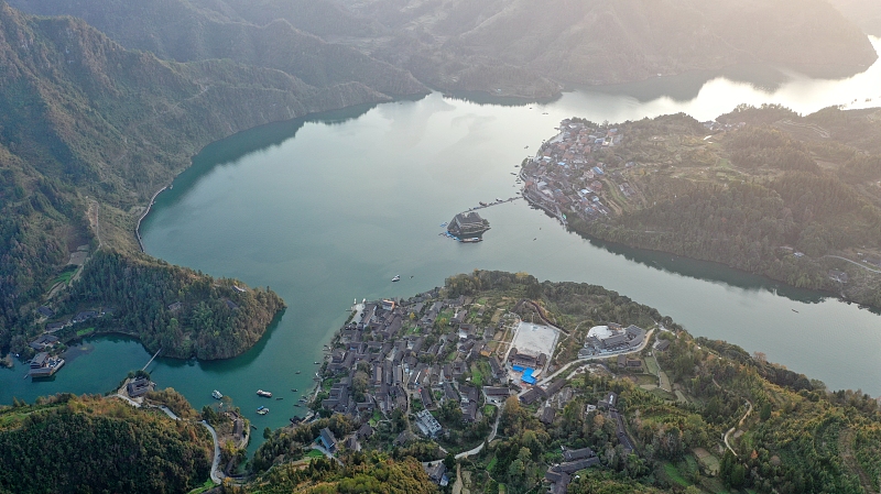 An aerial photo taken on December 4, 2023, shows the natural beauty of Youyang Tujia and Miao Autonomous County in Chongqing Municipality. /CFP