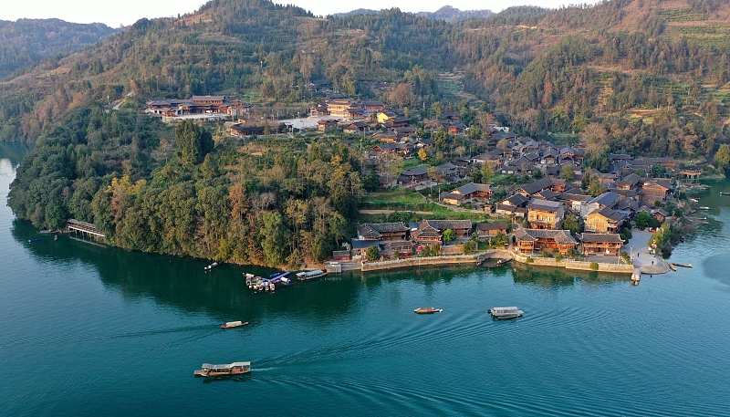 An aerial photo taken on December 4, 2023, shows the natural beauty of Youyang Tujia and Miao Autonomous County in Chongqing Municipality. /CFP