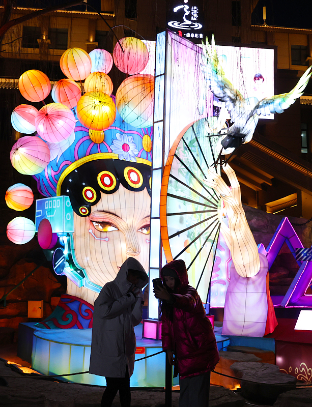 A series of colorful lanterns and light installations are on display at a popular tourist spot in Yinchuan City, Ningxia Hui Autonomous Region, attracting visitors to take photos, December 5, 2023. /CFP