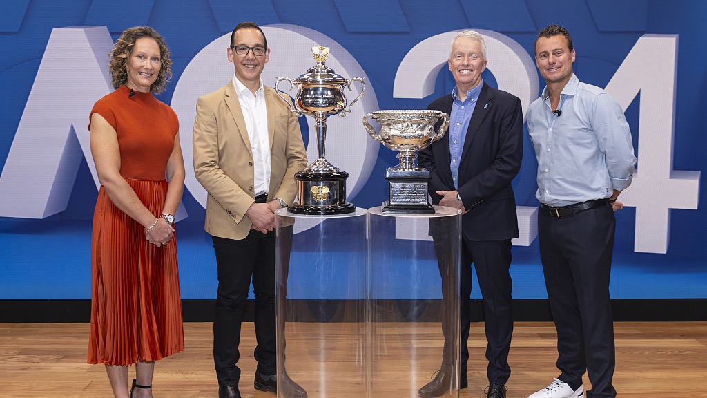 The trophies of the Australian Open 2024 are displayed at Melbourne Park in Melbourne, Australia, December 6, 2023. /CFP