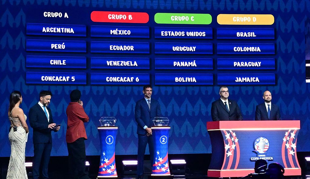 Groups are displayed on screens after the final draw for the Copa America at the James L. Knight Center in Miami, U.S., December 7, 2023. /CFP