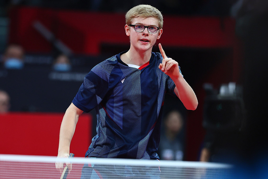 Felix Lebrun in action during the ITTF Mixed Team World Cup second stage in Chengdu, southwest China's Sichuan Province, December 7, 2023. /CFP