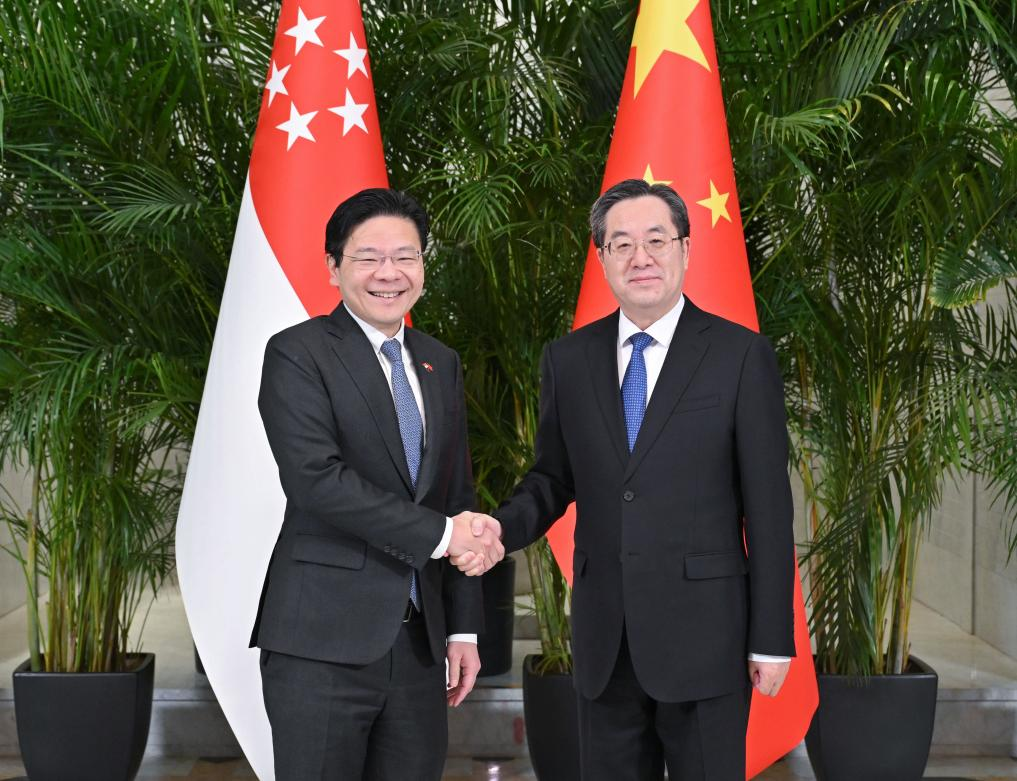 Ding Xuexiang (R), member of the Standing Committee of the Political Bureau of the Communist Party of China Central Committee and vice premier of the State Council, meets with Deputy Prime Minister and Minister for Finance of the Republic of Singapore Lawrence Wong in Tianjin, north China, December 7, 2023. /Xinhua