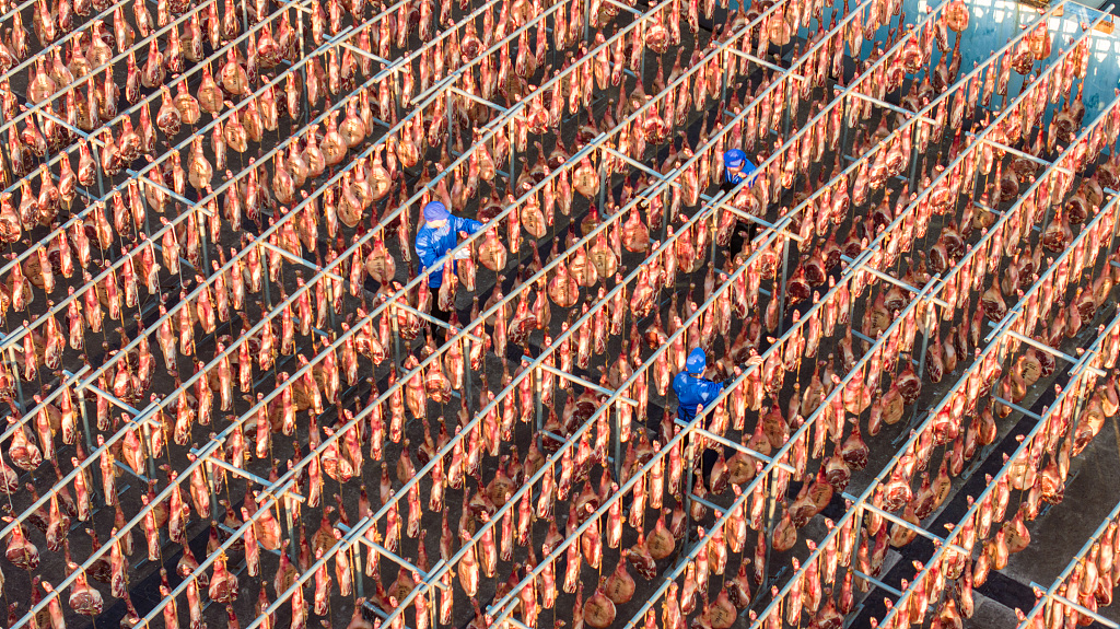 Workers at a factory in Jinhua, Zhejiang Province, hang dry-cured hams on December 7, 2023. /CFP