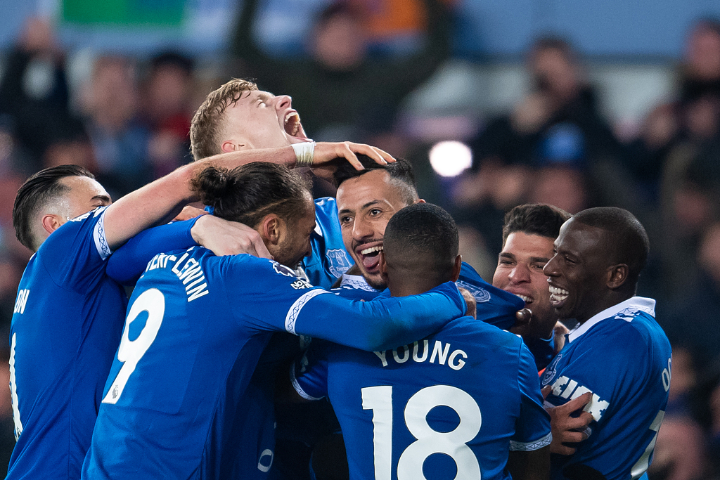 Everton players celebrate their first goal in a Premier League match against Newcastle United in Liverpool, the UK, December 7, 2023. /CFP