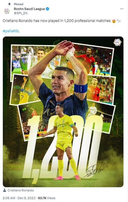 Saudi Pro League's tweet on December 9 about Cristiano Ronaldo. /@SPL_EN