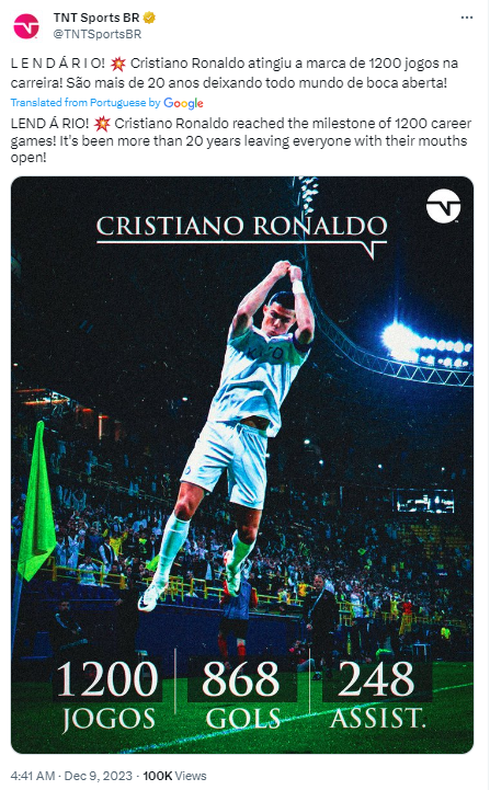 TNT Sports BR's tweet on December 9 about Cristiano Ronaldo's 868 goals and 248 assists in his 1,200 matches. /@TNTSportsBR