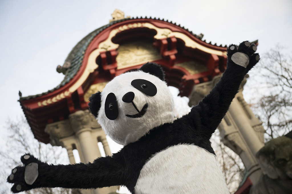 A man in a panda costume waves during a farewell event for pandas Meng Xiang and Meng Yuan, also known by their German names Pit and Paule, at the Berlin Zoo in Germany on December 8, 2023. /CFP