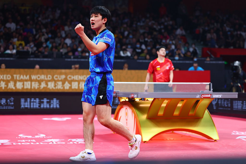 Japan's Tomokazu Harimoto celebrates winning a game against China's Fan Zhendong during the semifinal of the International Table Tennis Federation Mixed Team World Cup in Chengdu, China, December 9, 2023. /CFP