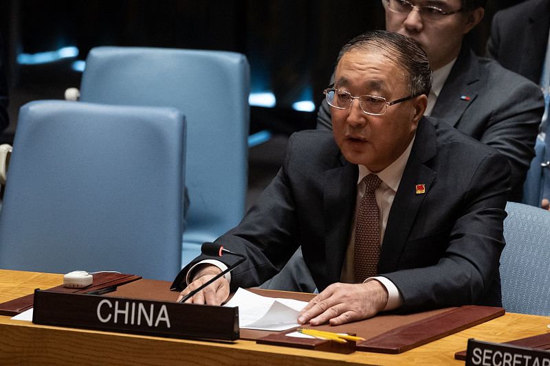 Permanent Representative of China to the UN Zhang Jun speaks during a United Nations Security Council meeting on Gaza, at UN headquarters in New York City, December 8, 2023. /CFP