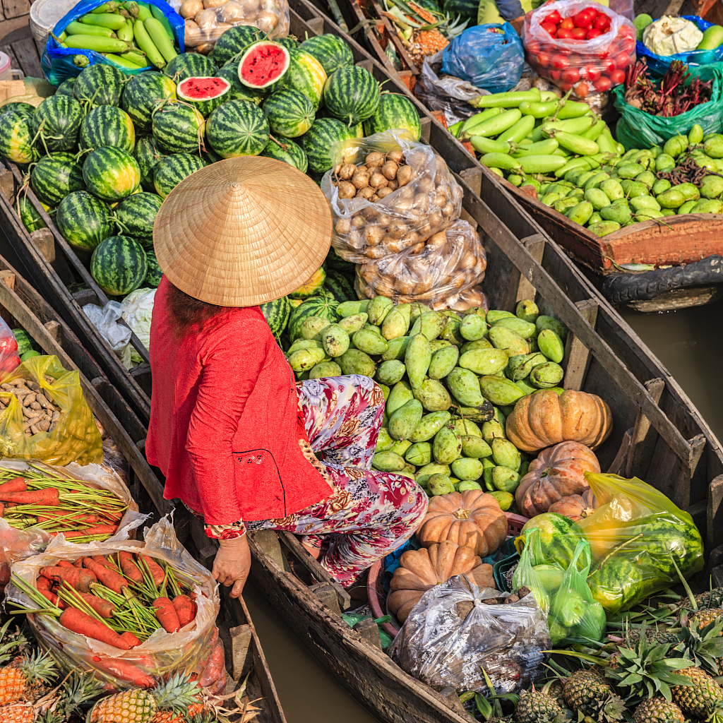 A file photo shows a woman sitting on a boat loaded with fruit and vegetables at the Cai Rang Floating Market, Vietnam. /CFP