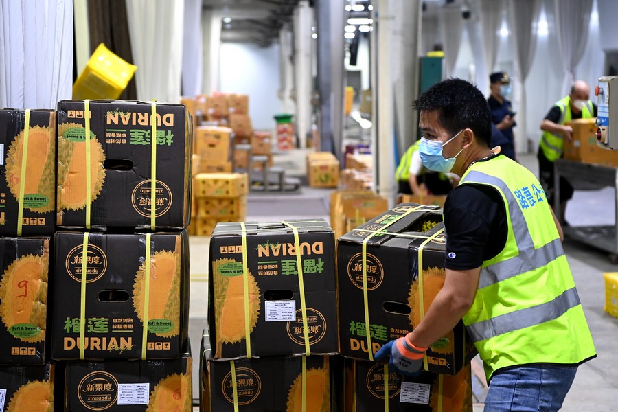Durians from Vietnam waiting for custom clearance at the port of the Friendship Pass in Pingxiang, south China's Guangxi Zhuang Autonomous Region, September 12, 2023. /Xinhua